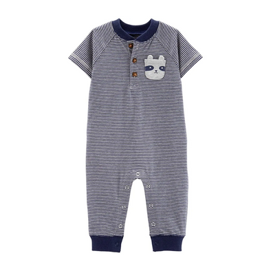 Navy Striped Baby Romper with Bear Pocket