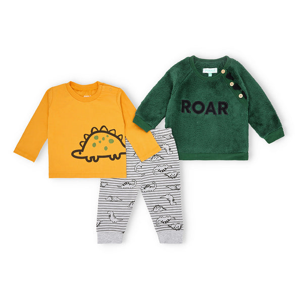 Dino Roar Polar Fleece Sweatshirt, Cotton T-Shirt, and Fleece Pants Set for Babies-3Pc set