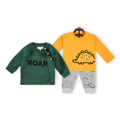 Dino Roar Polar Fleece Sweatshirt, Cotton T-Shirt, and Fleece Pants Set for Babies-3Pc set