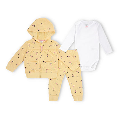 Baby Girls' Yellow Floral Hoodie, Long Sleeve Onesie, and Pants Set(3 Pc Set)