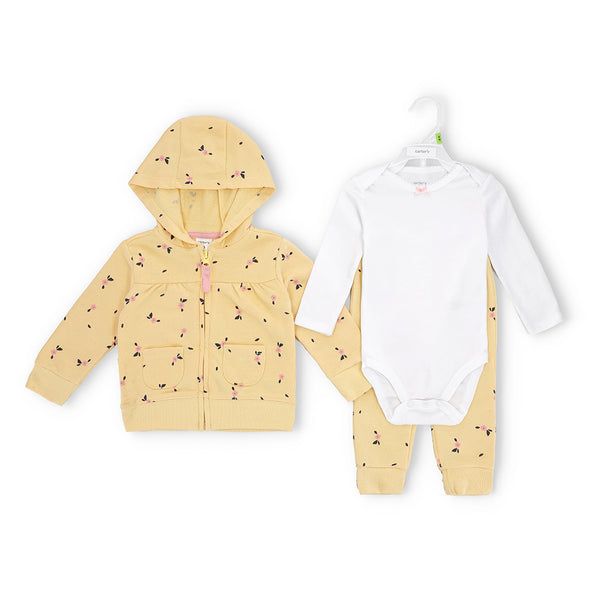 Baby Girls' Yellow Floral Hoodie, Long Sleeve Onesie, and Pants Set(3 Pc Set)