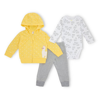 Baby Unisex Llama Print Hoodie, Long Sleeve Onesie, and Grey Pants Set