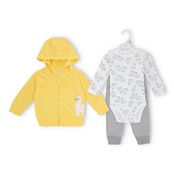 Baby Unisex Llama Print Hoodie, Long Sleeve Onesie, and Grey Pants Set