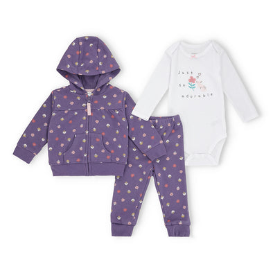 Baby Girl's 3-Piece Purple Floral Hoodie, White Bodysuit, and Joggger Pants Set