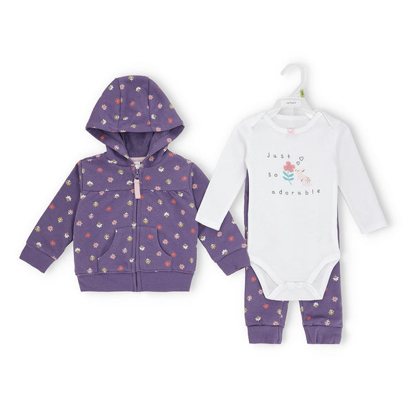 Baby Girl's 3-Piece Purple Floral Hoodie, White Bodysuit, and Joggger Pants Set