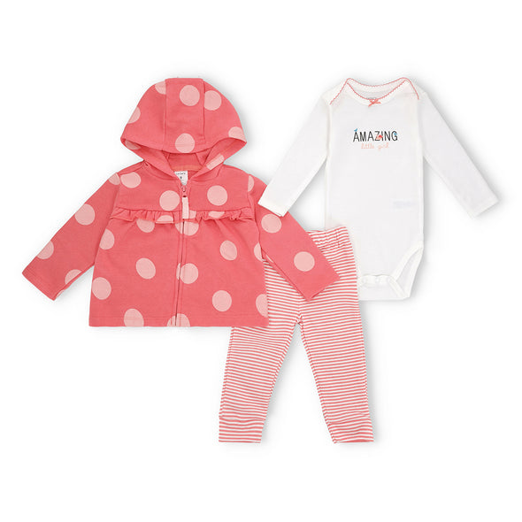 Baby Girl's 3-Piece Coral Polka Dot Hoodie, White Bodysuit, and Striped Jogger Pants Set