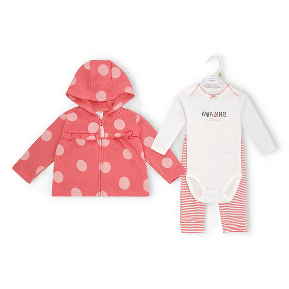 Baby Girl's 3-Piece Coral Polka Dot Hoodie, White Bodysuit, and Striped Jogger Pants Set