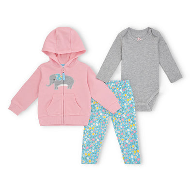 Baby Girl's 3-Piece Elephant Hoodie, Grey Bodysuit, and Floral Leggings Set