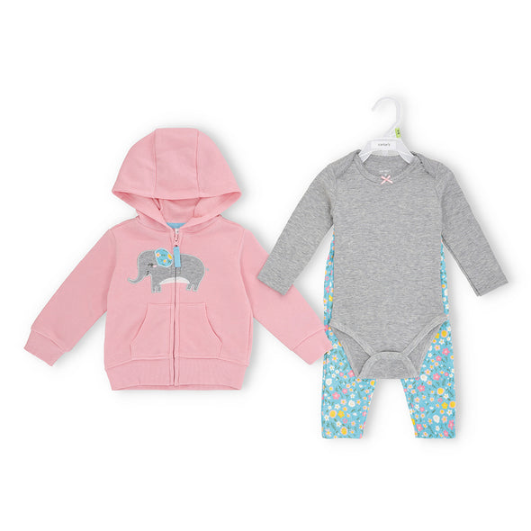 Baby Girl's 3-Piece Elephant Hoodie, Grey Bodysuit, and Floral Leggings Set