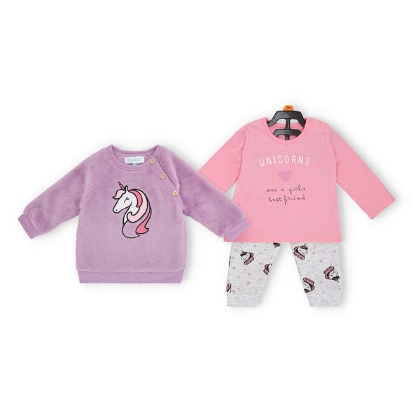 Unicorn Magic Polar Fleece Sweatshirt, Cotton T-Shirt, and Fleece Pants Set for Babies-3 Pc Set