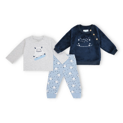 Adorable Monster 3-Piece Winter Outfit for Boys – Plush Sweatshirt, Cotton T-Shirt, and Fleece Joggers