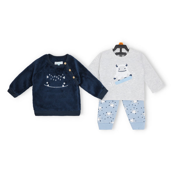 Adorable Monster 3-Piece Winter Outfit for Boys – Plush Sweatshirt, Cotton T-Shirt, and Fleece Joggers