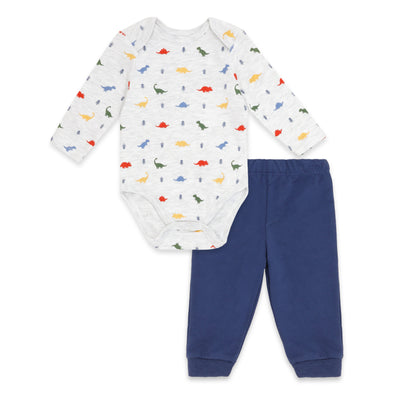 Baby Dino Print Long Sleeve Bodysuit & Navy Jogger Pants Set - Hanger Packed