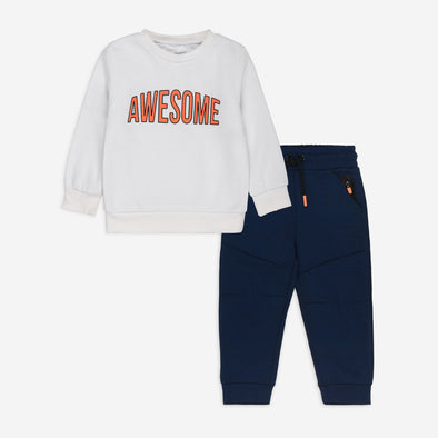 PMARK-Awesome Sweatshirt Set – White Crewneck & Navy Joggers