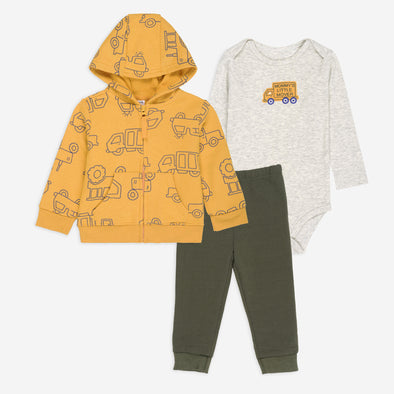 Little Mover 3-Piece Set – Mustard Hoodie, Grey Bodysuit & Olive Joggers