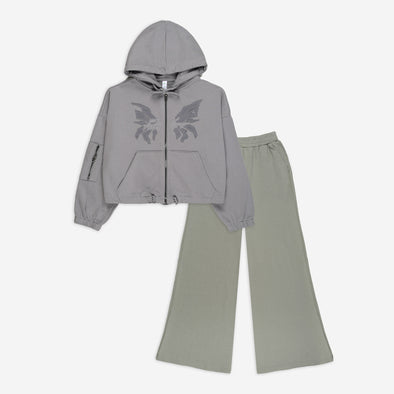 Urban Wings Co-ord Set – Grey Hoodie & Sage Wide-Leg Pants