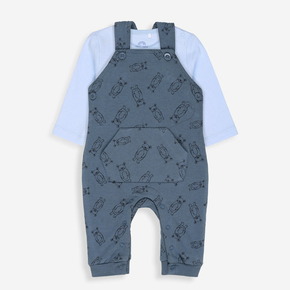 NXT-Baby Hippo Print Dungaree Set – Soft Blue/Grey (2-Piece)