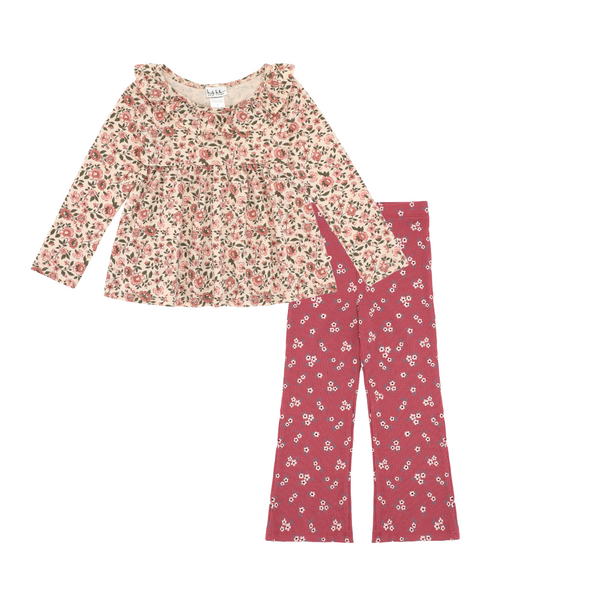 Nic-Miller Girls' Floral Ruffle Top and Printed Flared Pants Set – Sizes 1.5 to 6 Years