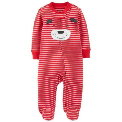 Baby Boy Red Striped Footed Onesie - Cute Bear Face Long-Sleeve Bodysuit