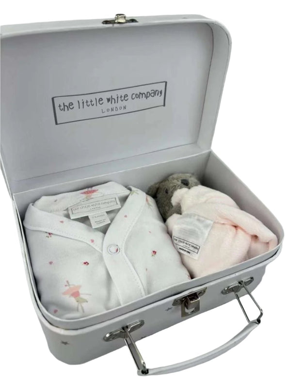 Newborn Baby Gift Box – 100% Cotton Romper & Teddy Bear Comforter in Reusable Suitcase